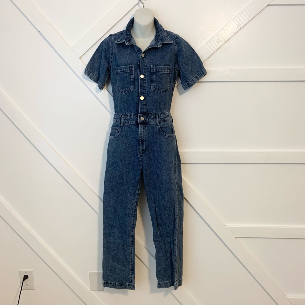 DL1961 Hannah Denim Straight Leg Button Front Short Sleeve Long Jumpsuit Sz XS - Picture 3 of 10
